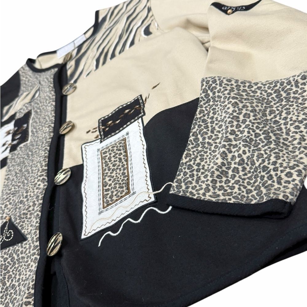 🦓 Vintage Koret K-Wear Animal Print Patchwork Cardigan Sweater 🐆 Tan & Black | - Picture 3 of 9